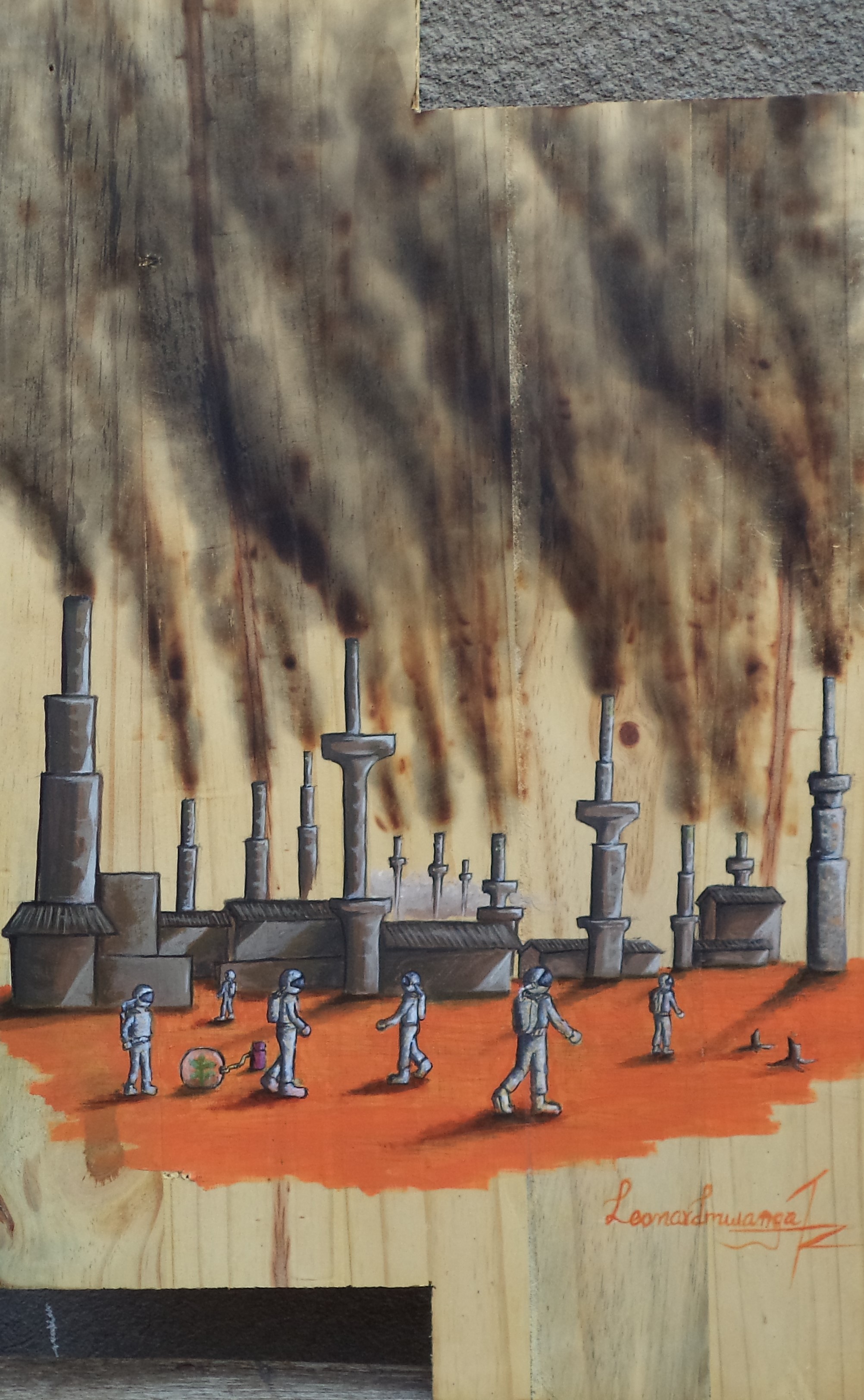 Painting of a factory in a waste land and people walking around in moonsuites