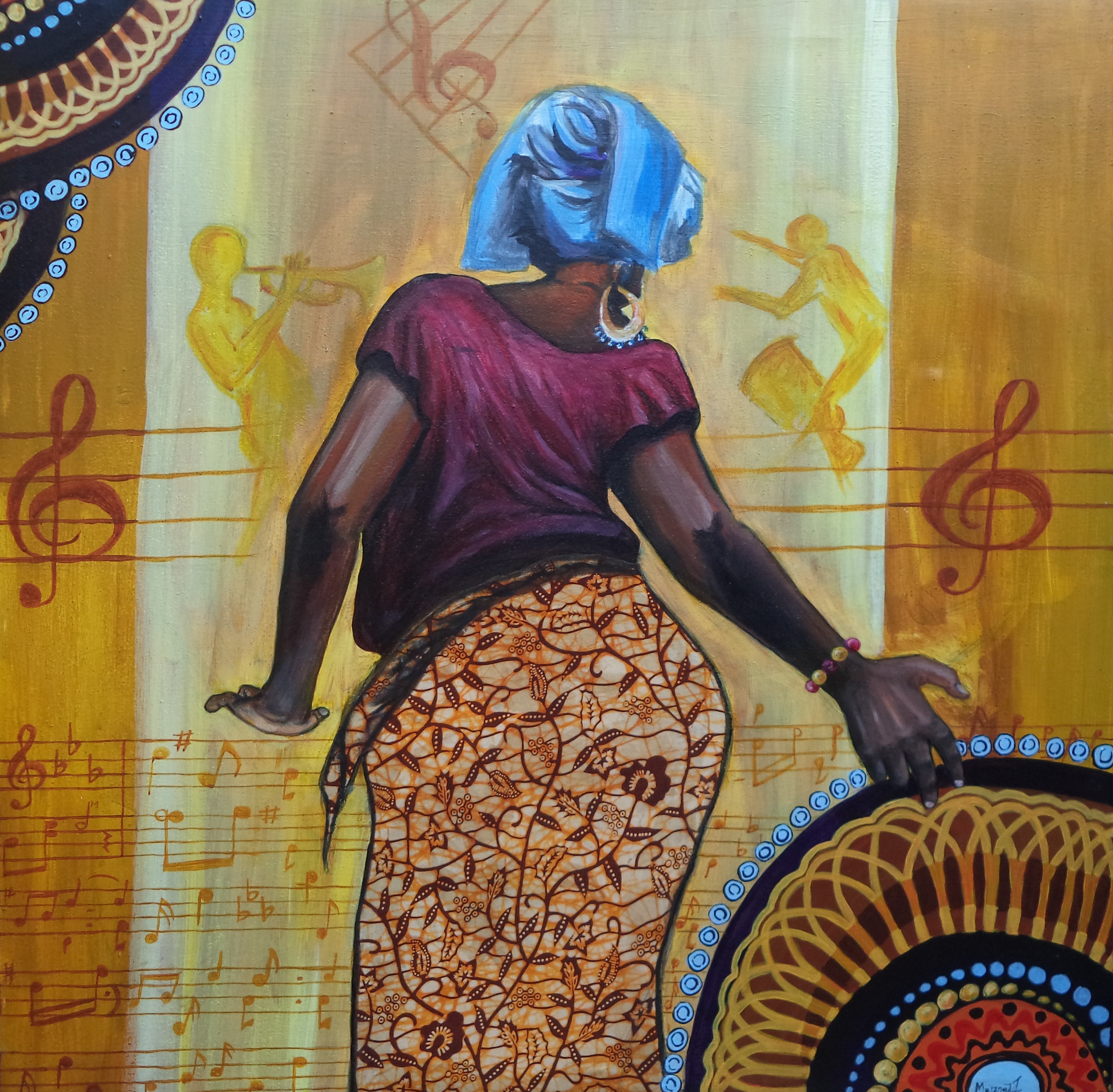 Painting of an African woman dancing from behind