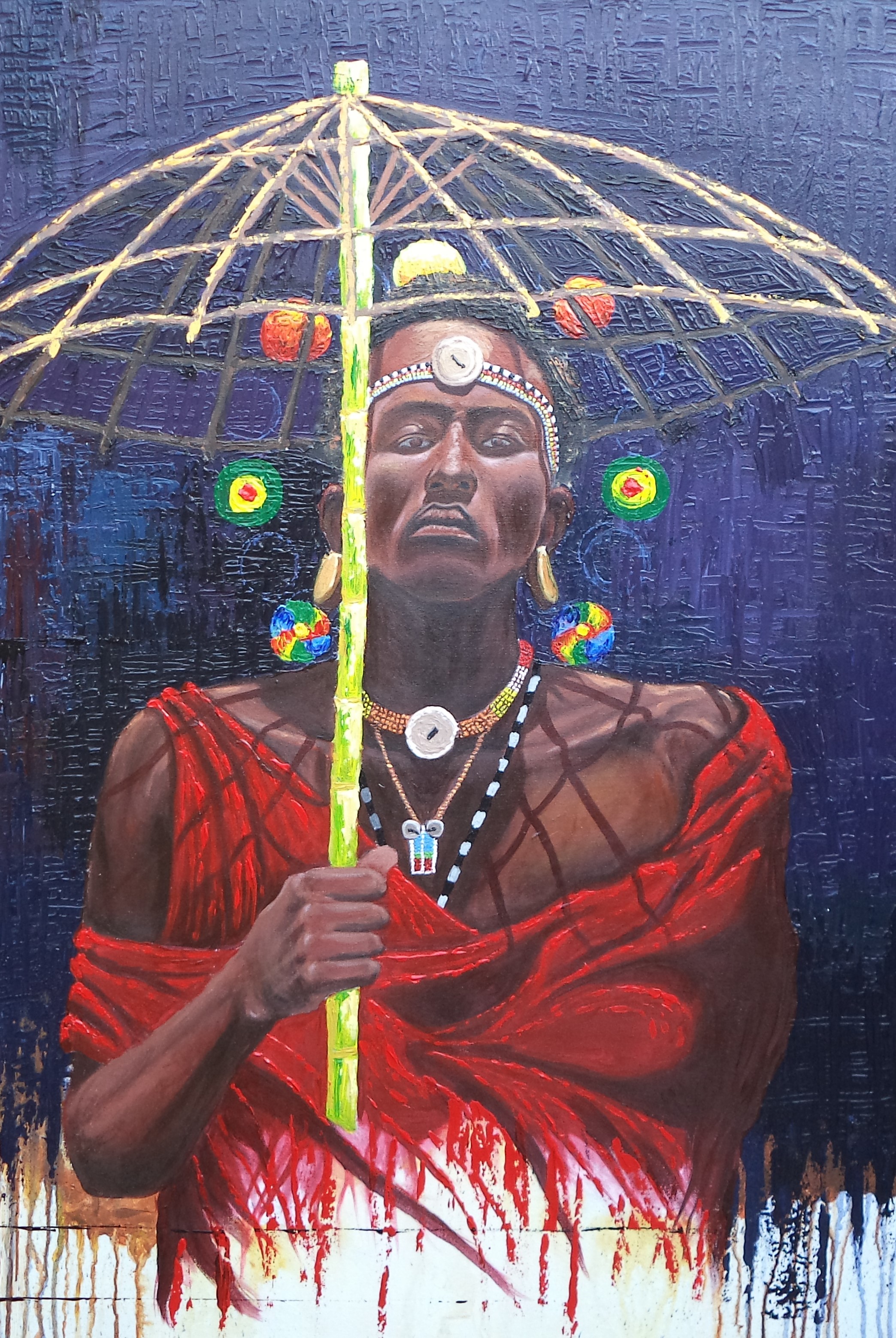 Painting of a Masai warrior standing under the skeleton of an umbrella